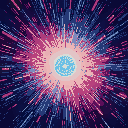  digital energy bursting from a central point, filled with corrupted code and static