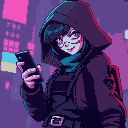 hacker woman dangerous in hood with a phone, ghost in the shell style