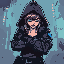 a cyberpunk woman in hood defending itself from an attack with her arms crossed comic book illustration