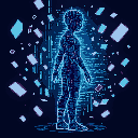 side view of holographic entity composed of glitching pixels, surrounded by floating cards. the body is a human silhouette made of flowing code and fragmented data, with phantom limbs that phase out. 
