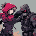 a cyberpunk woman in hood punching with her fist a soldier in the face, ghost in the shell style