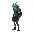merchant cyberpunk, ghost in the shell style, side view