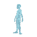 side view of a holographic entity composed of glitchs. the body resembles a human silhouette made of flowing code and fragmented data, with phantom limbs that phase out. surrounded by floating cards