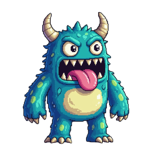 a pixel monster with their tongue out with sharp teeth facing sideways