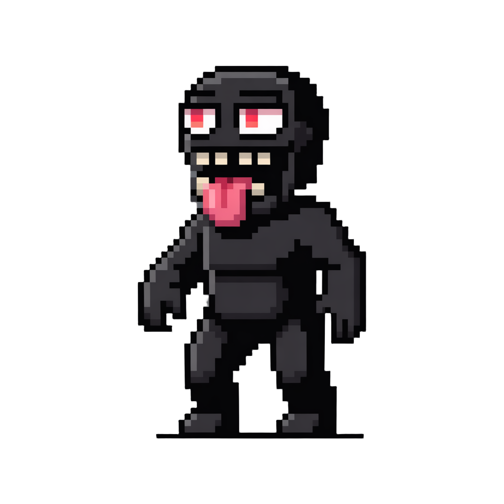 a pixel black humanoid monster  with their tongue out with sharp teeth facing sideways 