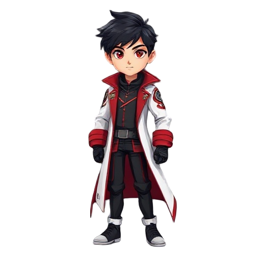 a 14 year old boy named drake. his height is 5.7. his hair color is black and little bit red. his eye color is red. his costume is long white and red coat and in a futuritsic manner