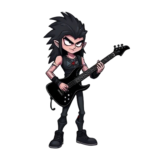 un metalero con pelo negro largo y su guitarra flying v negra con detalles rojos en la espalda 