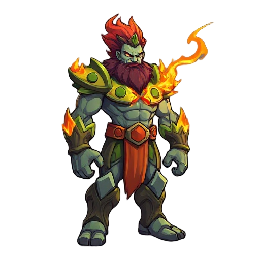 make 2d titan with fire and grass type powers stem lying on it like a fire and grass type texture on it 