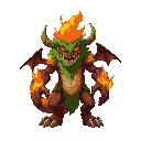 make 2d  fire and grass monster of hell who have both powers fire and grass type of hell and add grass on it and large in size