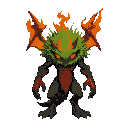 make 2d  fire and grass monster of hell who have both powers fire and grass type of hell and add grass on it and large in size and horrific