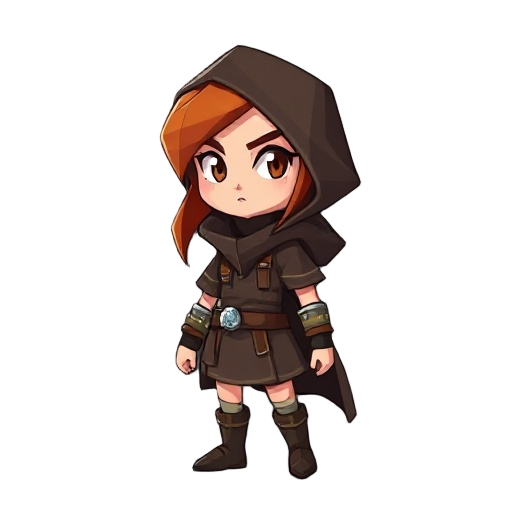 a flat 2d low poly digital illustration of a female adventurer hero named eir, shown in a side-view game-ready pose for a platformer. she has polygonal auburn hair shaped with angular flat planes, a determined expression, and sharp geometric facial featur