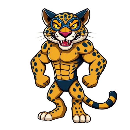 a large jaguar anthro that stands on two legs, muscular, wears a luchador mask, has a big smile and is a front facing sprite that is no taller than 35x80