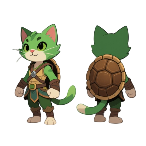 a cat, young and somewhat crazy, but with the appearance of an adventurer, with green fur, standing on two legs, hero style, on its back a brown turtle shell, tied with the help of a special outfit. 2d style game character, fantasy character, front view, 