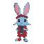 a blue cartoon bipedal bunny with red street clothes