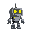 a humanoid blocky grey robot with yellow glowing eyes. it has an antenna on it's head.