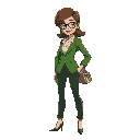 assessora de imprensa com blazer verde, saia e sapatos altos, com pasta na mão esquerda e bolsa no ombro direito
