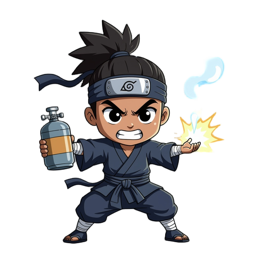  create a black character, with a gas cylinder on his head doing jutsu
