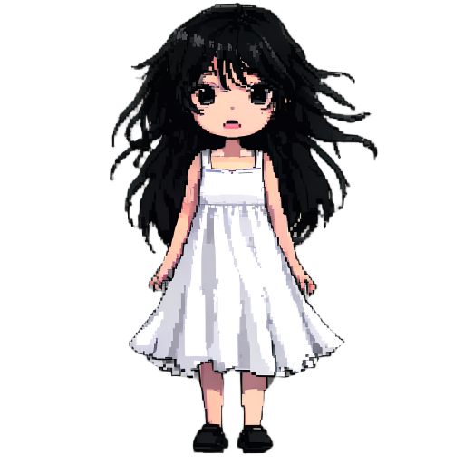 girl, white dress, messy hair, black long hair, pixel, emotionless face