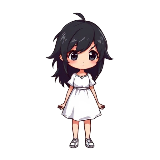 girl, white dress, messy hair, black long hair, pixel, 128*128pixel canvas size