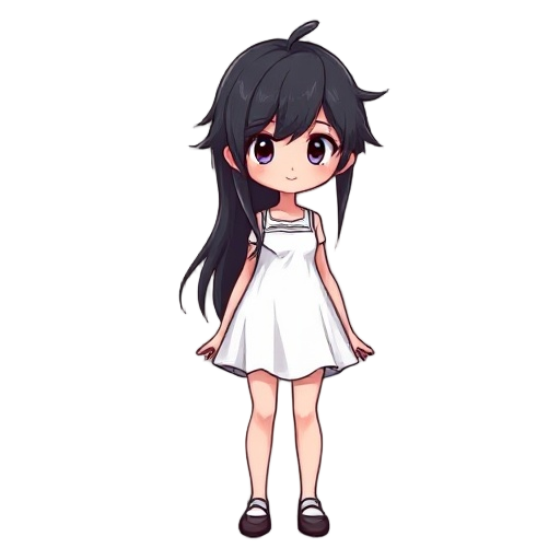 girl, white dress, messy hair, black long hair