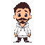 small person with dark brown hair, dark brown beard disconnected from the dark brown mustache and dark brown eyes. light skin color. white hoodie and red pants.