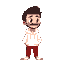 small person with dark brown hair, dark brown beard disconnected from the dark brown mustache and dark brown eyes. light skin color. white hoodie and red pants. hw is looking to his right.