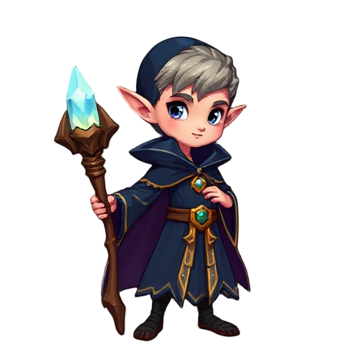 2d fantasy game character: a young elf mage with pointed ears, wearing a dark blue magical robe with golden details and a long flowing cloak. he holds a carved wooden staff topped with a glowing crystal. art style inspired by hollow knight or dead cells, 