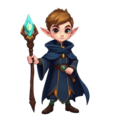 2d fantasy game character: a young elf mage with pointed ears, wearing a dark blue magical robe with golden details and a long flowing cloak. he holds a carved wooden staff topped with a glowing crystal. art style inspired by hollow knight or dead cells, 