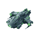 large alien starship with gigantic thrusters, many laser and cannon weapons, glowing lights and beacons, with metallic hull and green accents
