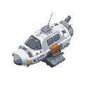 isometric pixel art spaceship hauler that appears run down, with white background