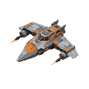 fighter starship with wings, gigantic thrusters, laser and cannon weapons, with metallic hull with orange accents