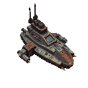 tall smuggler asymmetrical starship with visible thrusters, cannon weapons, glowing lights and beacons, with metallic rusty hull