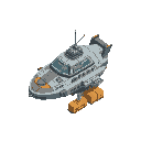 isometric capital size spaceship for hauling cargo underneath, appears run down, with metallic hull