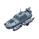 isometric pixel art spaceship hauler that appears run down, with metallic hull