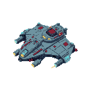 large alien starship with gigantic thrusters, laser and cannon weapons, glowing lights and beacons, with metallic hull and red accents