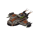 wide smuggler starship with outboard thrusters, laser weapons, glowing lights and beacons, with metallic rusty hull