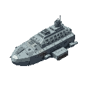huge spaceship for hauling cargo, boxy in appearance, appears old, with metallic hull