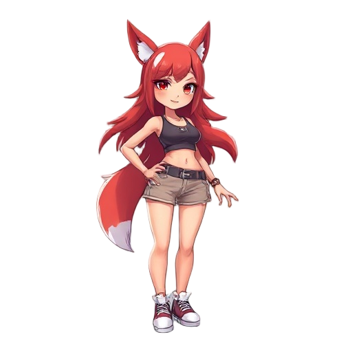 chica pelirroja con shorts y una playera manga corta blanca y unas espadas en la espalda,