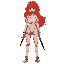 chica pelirroja con shorts y una playera manga corta blanca y unas espadas en la espalda,