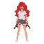 chica pelirroja con shorts y una playera manga corta blanca y unas espadas en la espalda,