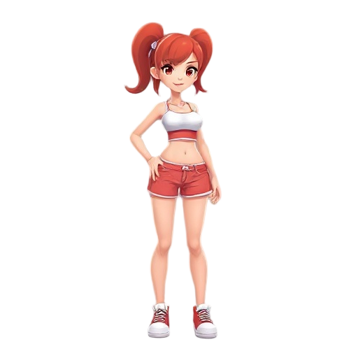chica pelirroja con shorts y una playera manga corta blanca y unas espadas en la espalda,