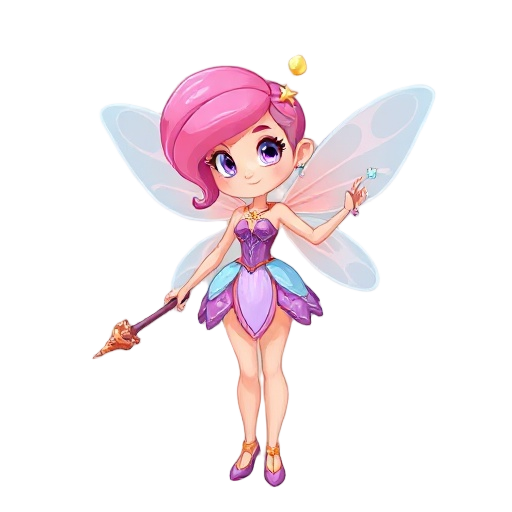 make me a fairy character. the color combinations are pink, purple, light blue, and orange. make sure that it has a weapon that is wand like. full body