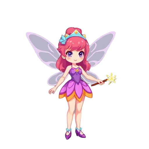 make me a fairy character that is pixilated. the color combinations are pink, purple, light blue, and orange. make sure that it has a weapon that is wand like. full body