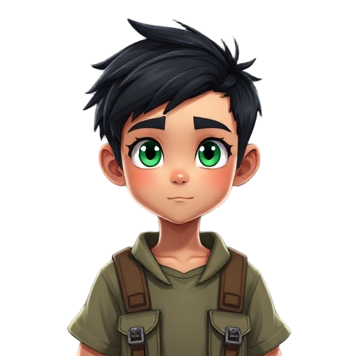 young boy with green eyes black hair in a camp attire