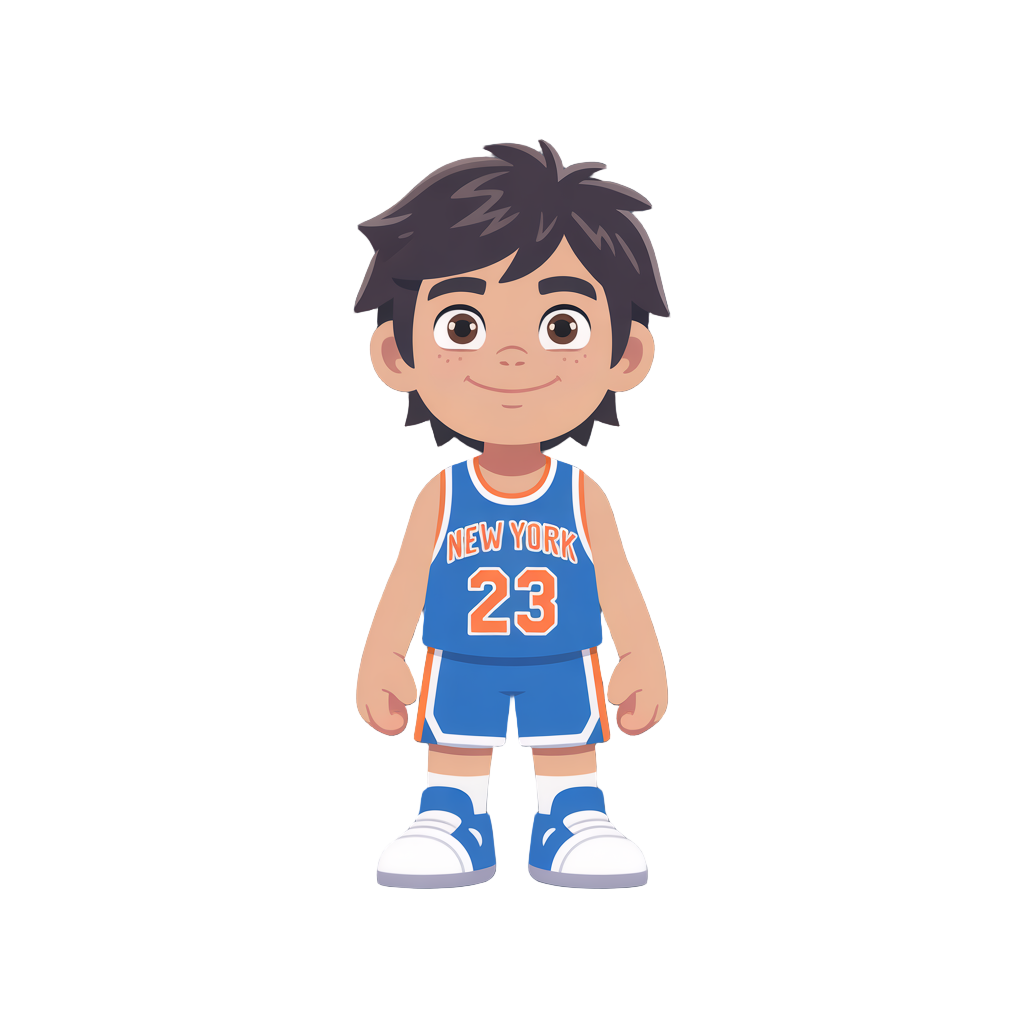 a full-body cartoon-style character of a young boy with medium-length dark brown hair, wearing a blue new york knicks basketball jersey with the number 23 in orange and white on the front and back. th