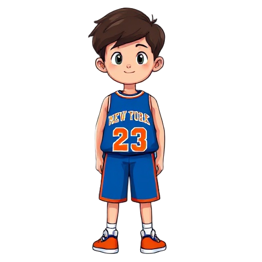 a full-body cartoon-style character of a young boy with medium-length dark brown hair, wearing a blue new york knicks basketball jersey with the number 23 in orange and white on the front and back. th