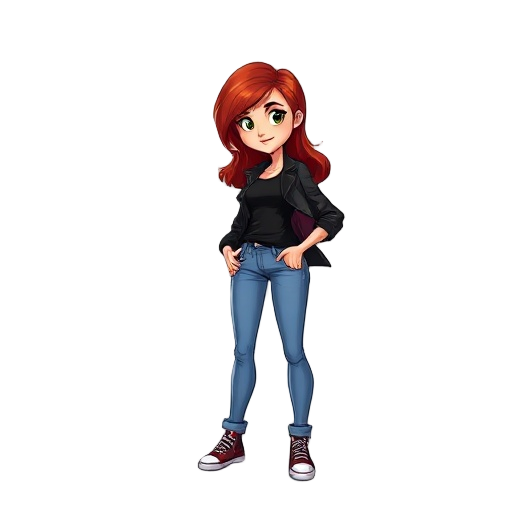  teenage redhead girl in jeans, black t-shirt and leather jacket in the style of batman the animated series. sprite for a 2d platformer