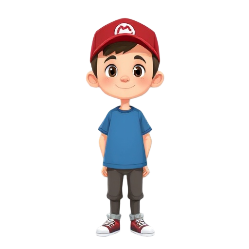 a boy  whit red cap, tshirt blue 