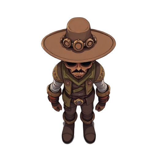steam punk character, big cap, desert