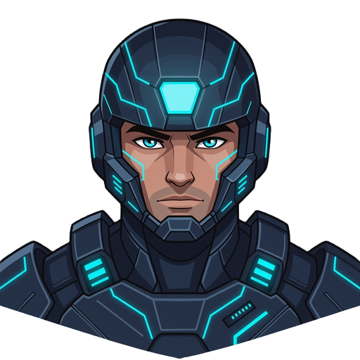 a futuristic soldier in sleek, dark armor with glowing light-blue circuit patterns and a helmet with a glowing visor.